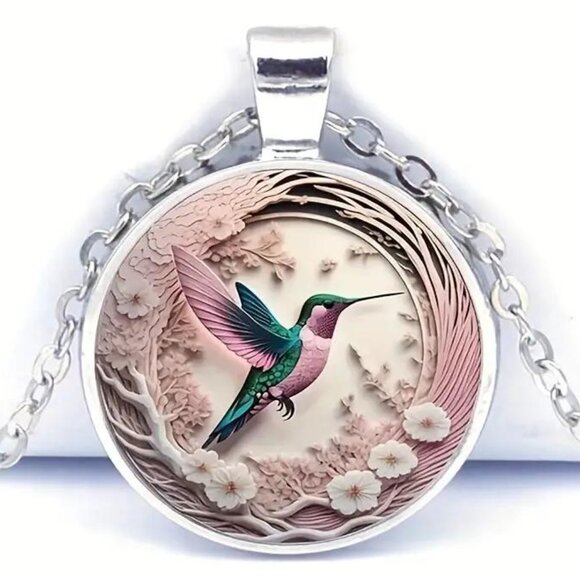 Silver PINK HUMMINGBIRD Glass Cabochon Pendant Necklace - Picture 1 of 4